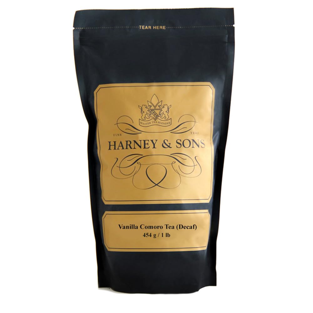 Harney & Sons Vanilla Comoro tea leaves close-up, vanilla aroma.