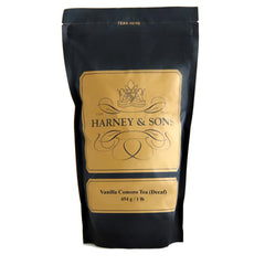 Harney & Sons Vanilla Comoro tea leaves close-up, vanilla aroma.