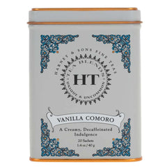Harney & Sons Vanilla Comoro tea tin showing decaf vanilla aroma for evening comfort.