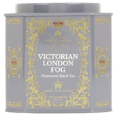 Harney & Sons Victorian London Fog tin design signals premium tea experience.