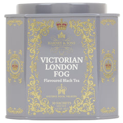 Harney & Sons Victorian London Fog tin design signals premium tea experience.
