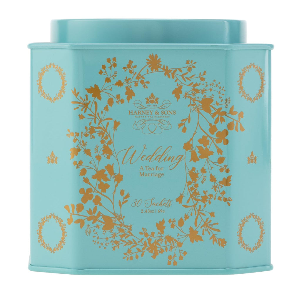 Harney & Sons Wedding Tea tin packaging, a stylish gift for newlyweds on their special day.