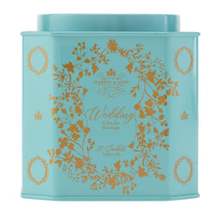 Harney & Sons Wedding Tea tin packaging, a stylish gift for newlyweds on their special day.