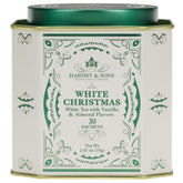 Harney & Sons White Christmas tea tin with 30 sachets for easy brewing.