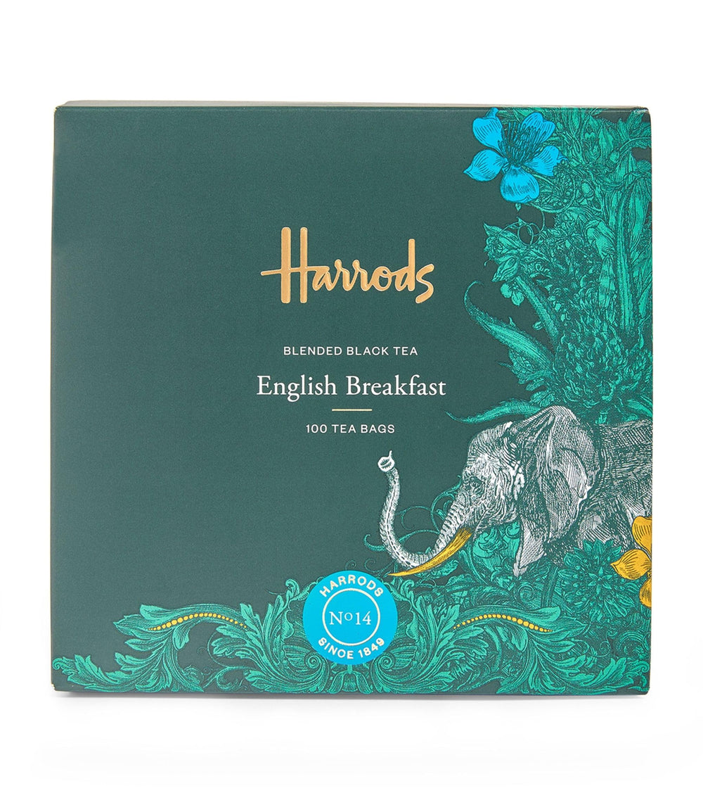Harrods London English Breakfast tea bags provide a robust morning cup.