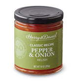 Harry & David Pepper & Onion Relish bottle ready for hot dog topping