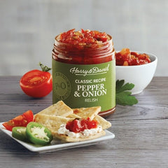 Harry & David Classic Pepper & Onion Relish jar in a gift basket