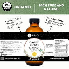 Harvest Moon Delights lemon extract close-up label highlights organic ingredients