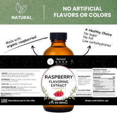 Close-up of Harvest Moon Delights raspberry extract label for flavoring desserts and drinks