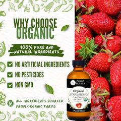 Harvest Moon Delights strawberry extract glass bottle closeup emphasizes fresh aroma and authenticity