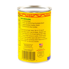 Hatch Farms enchilada sauce label closeup highlighting no MSG and gluten-free