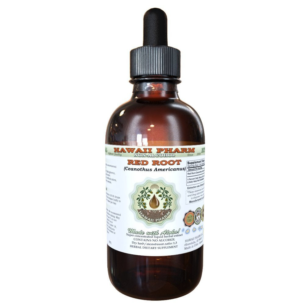 Hawaii Pharm Red Root bottle pour—alcohol-free glycerite for sensitive use.
