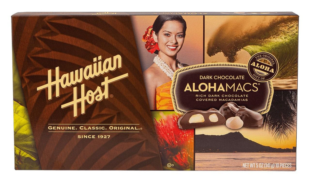 Hawaiian Host Alohamacs dark chocolate macadamias in box, ideal gift option.