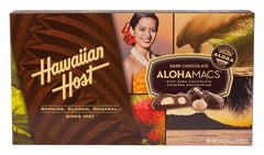 Hawaiian Host Alohamacs dark chocolate macadamias in box, ideal gift option.