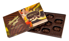 Hawaiian Host Alohamacs dark chocolate macadamias close-up showing glossy coating.