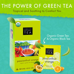 HAWAIIAN NATURAL T·E·A tea-bag closeup shows a balanced green and black tea blend.