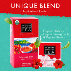 Steam rising from Hawaiian Natural Tea Hibiscus Bliss cup, caffeine-free refreshment
