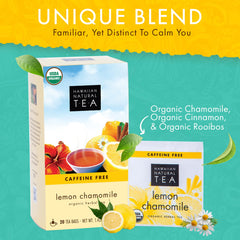Box of Hawaiian Natural Lemon Chamomile tea highlighting the caffeine-free blend.