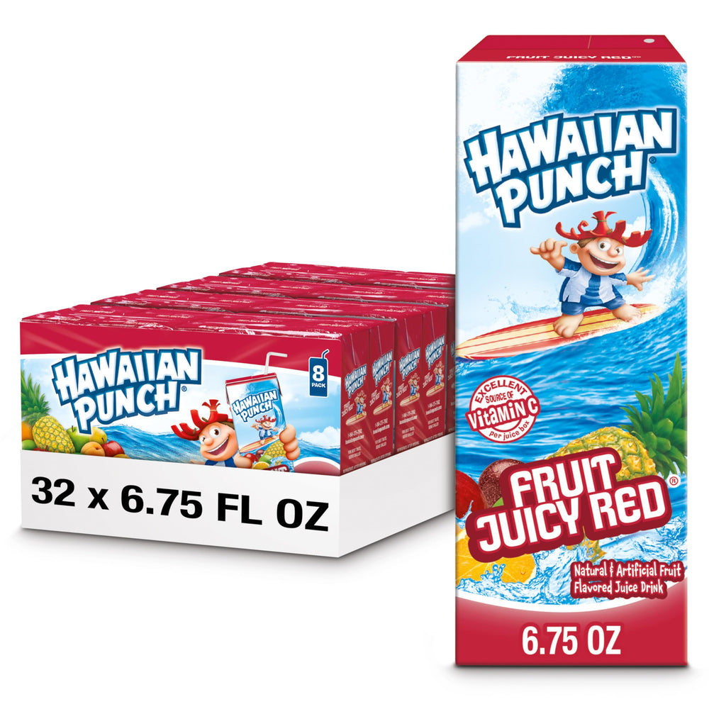 Hawaiian Punch Fruit Juicy Red bottle shows tropical flavor, perfect for on the go refreshment.