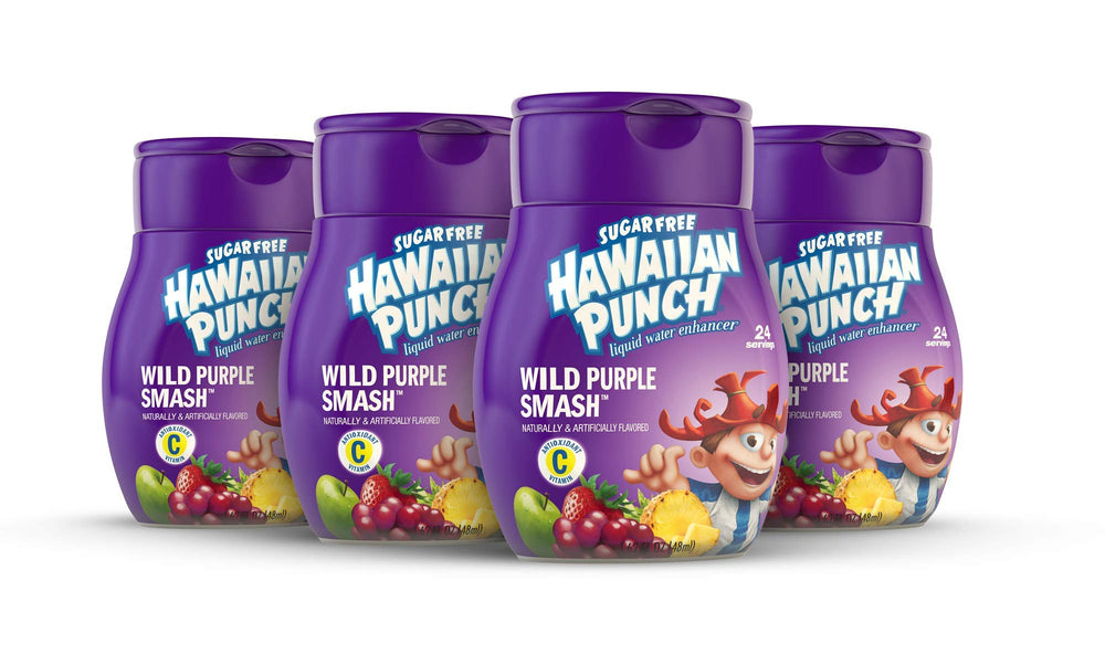 Hawaiian Punch Wild Purple Smash bottle showcases zero-calorie flavor enhancement.