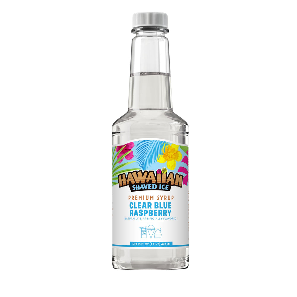 Hawaiian Shaved Ice Clear Blue Raspberry Syrup bottle ready for fluffy snow cones.