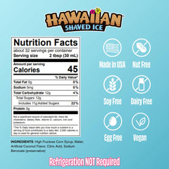 Hawaiian Shaved Ice Coconut Syrup label close-up highlights allergen-free ingredients.