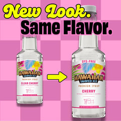 Hawaiian Shaved Ice Clear Cherry Syrup label highlights dye-free formula