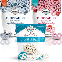 Hayden Valley Foods yogurt-flavored pretzels raspberry bag showing fresh aroma and crunch.