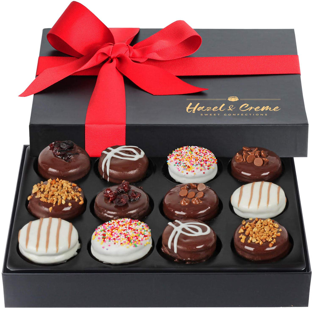 Hazel & Creme chocolate cookie gift box front view, elegant packaging for gifting.
