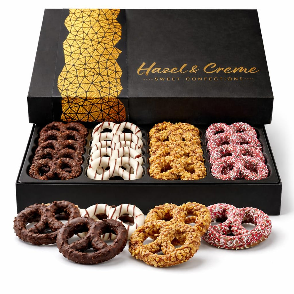 Hazel & Creme Easter pretzel gift box with colorful toppings, ideal for gifting.