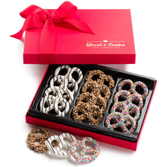 Hazel & Creme rich chocolate-dipped pretzels close-up, ideal for celebrations