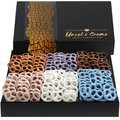 Hazel & Creme yogurt pretzel gift box on display, ideal for gifting.