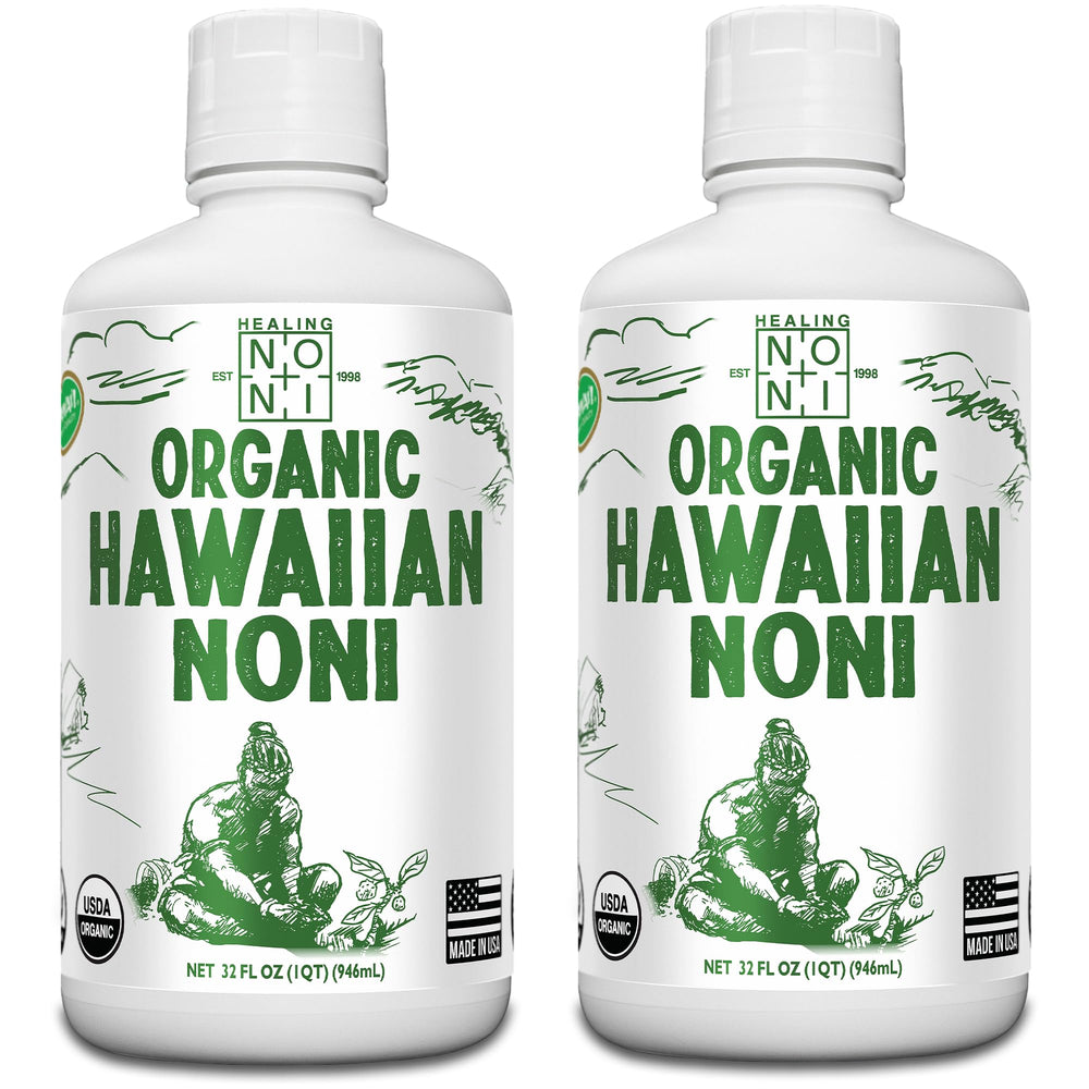 Healing Noni 2-pack bottle front showing premium Hawaiian juice for daily vitality.