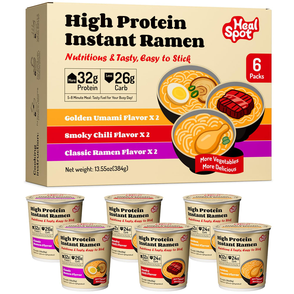 Healspot variety-pack ramen six cups for quick, protein-rich meals.