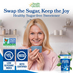 Measuring cup next to Health Garden xylitol for 1 to 1 sugar replacement
