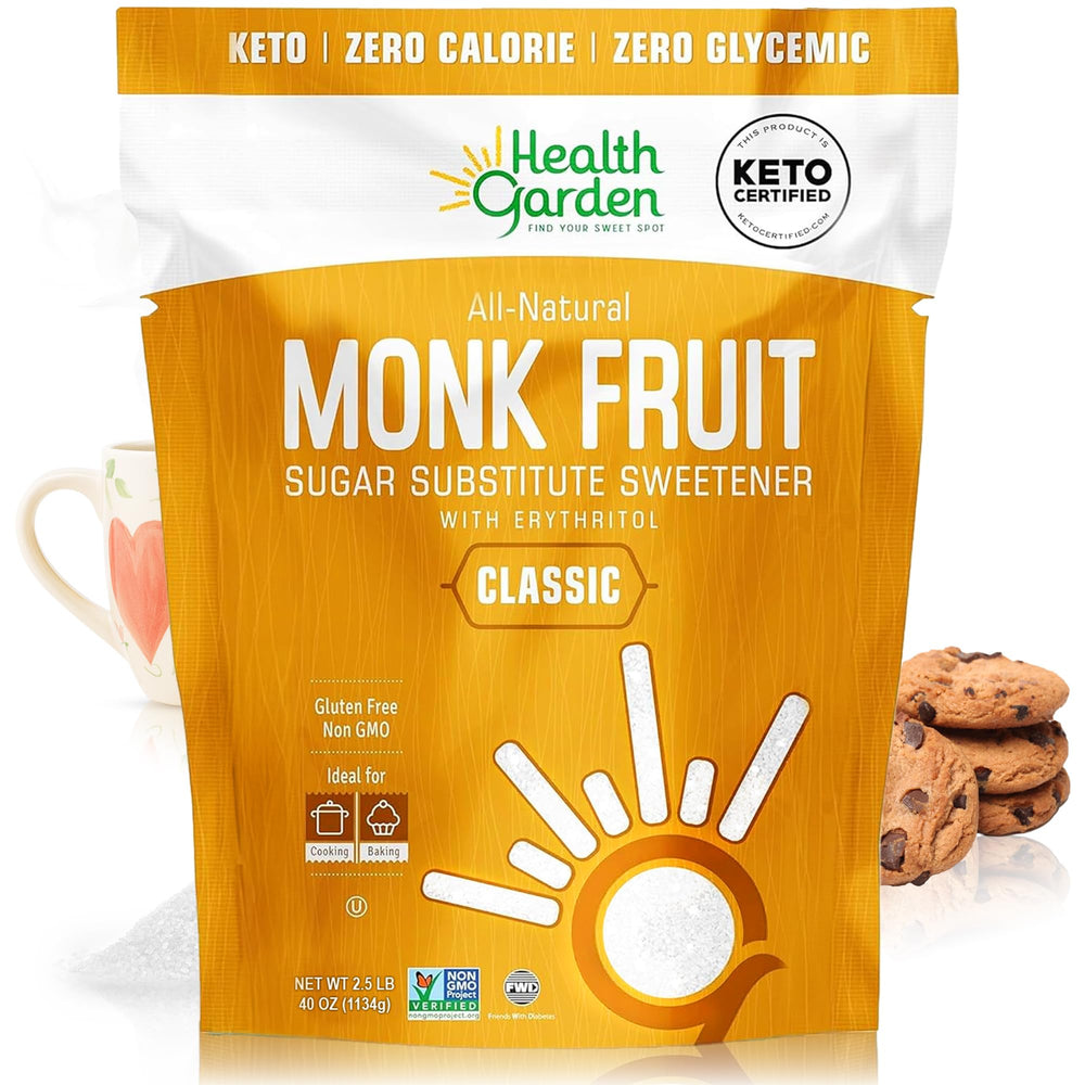 Health Garden Monk Fruit Sweetener bottle shows zero-calorie sugar substitute for everyday beverages