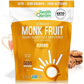 Health Garden Monk Fruit Sweetener bottle shows zero-calorie sugar substitute for everyday beverages