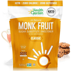 Health Garden Monk Fruit Sweetener bottle shows zero-calorie sugar substitute for everyday beverages