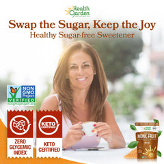 Health Garden Monk Fruit Sweetener Golden in a tea mug, light, guilt-free beverage.