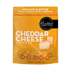 Healthier Comforts cheddar cheese powder 7oz bag shows resealable packaging for freshness.