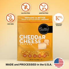 Healthier Comforts cheddar cheese powder 7oz measuring scoop for precise sauce prep.