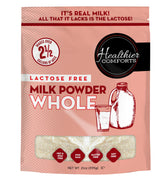 Healthier Comforts lactose free milk powder in bag, a convenient pantry staple.