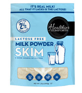 Healthier Comforts lactose-free skim milk powder in a resealable bag for pantry storage.
