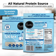 Healthier Comforts lactose-free skim milk powder scoop for high-protein beverages.
