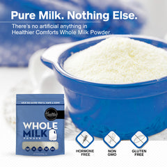 Healthier Comforts milk powder being poured into a glass for reconstituted milk.