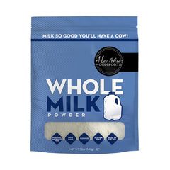 Healthier Comforts whole milk powder in resealable bag preserves freshness for pantry storage.