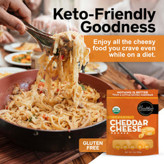 Healthier Comforts cheddar powder beside pasta sauce hints quick gourmet meals.