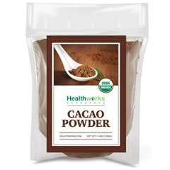 Healthworks Organic Cacao Powder from Peru in a jar, ideal for baking and rich flavor.