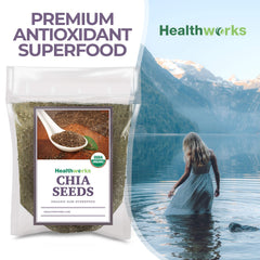 Healthworks chia seeds top view in a bowl with oats and fruit