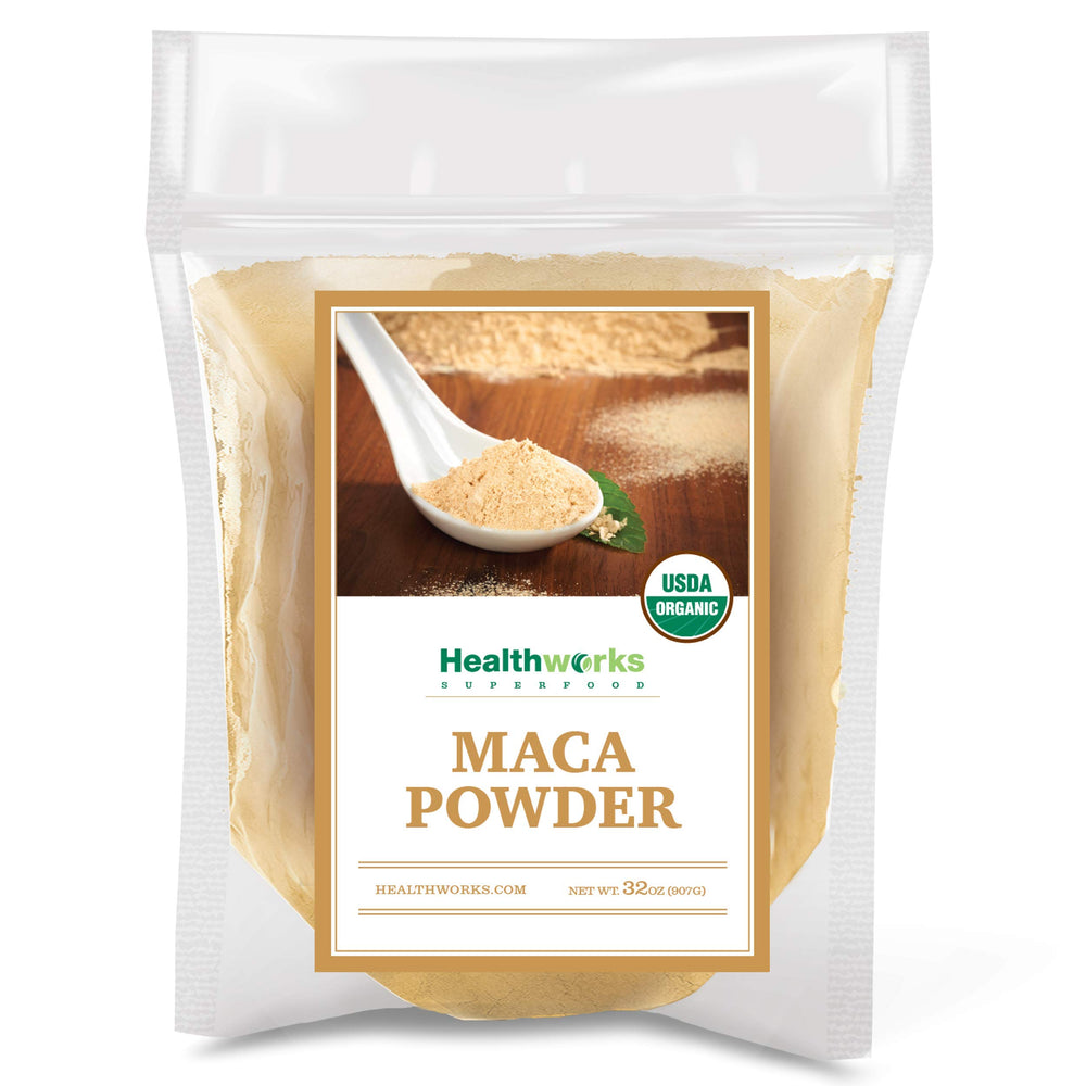 Healthworks Maca Powder bag front—organic Peruvian root powder for smoothies.